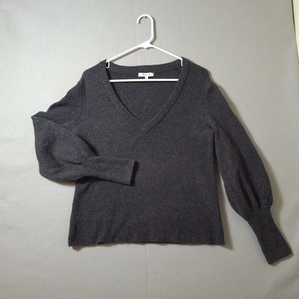 Madewell Sweater Womens XXS Gray V Neck Puff Sleeve Wool Blend Ribbed Cuffs